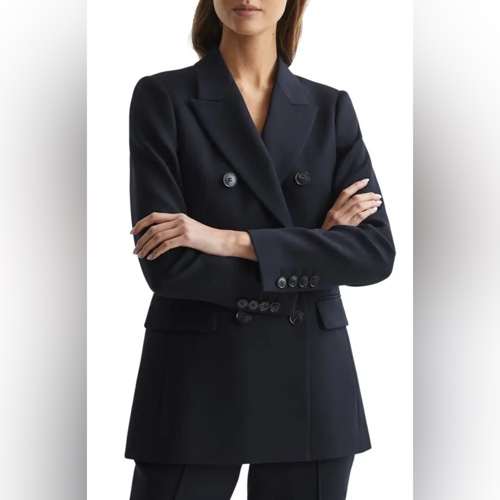 Reiss Navy Double-Breasted Tailored Blazer